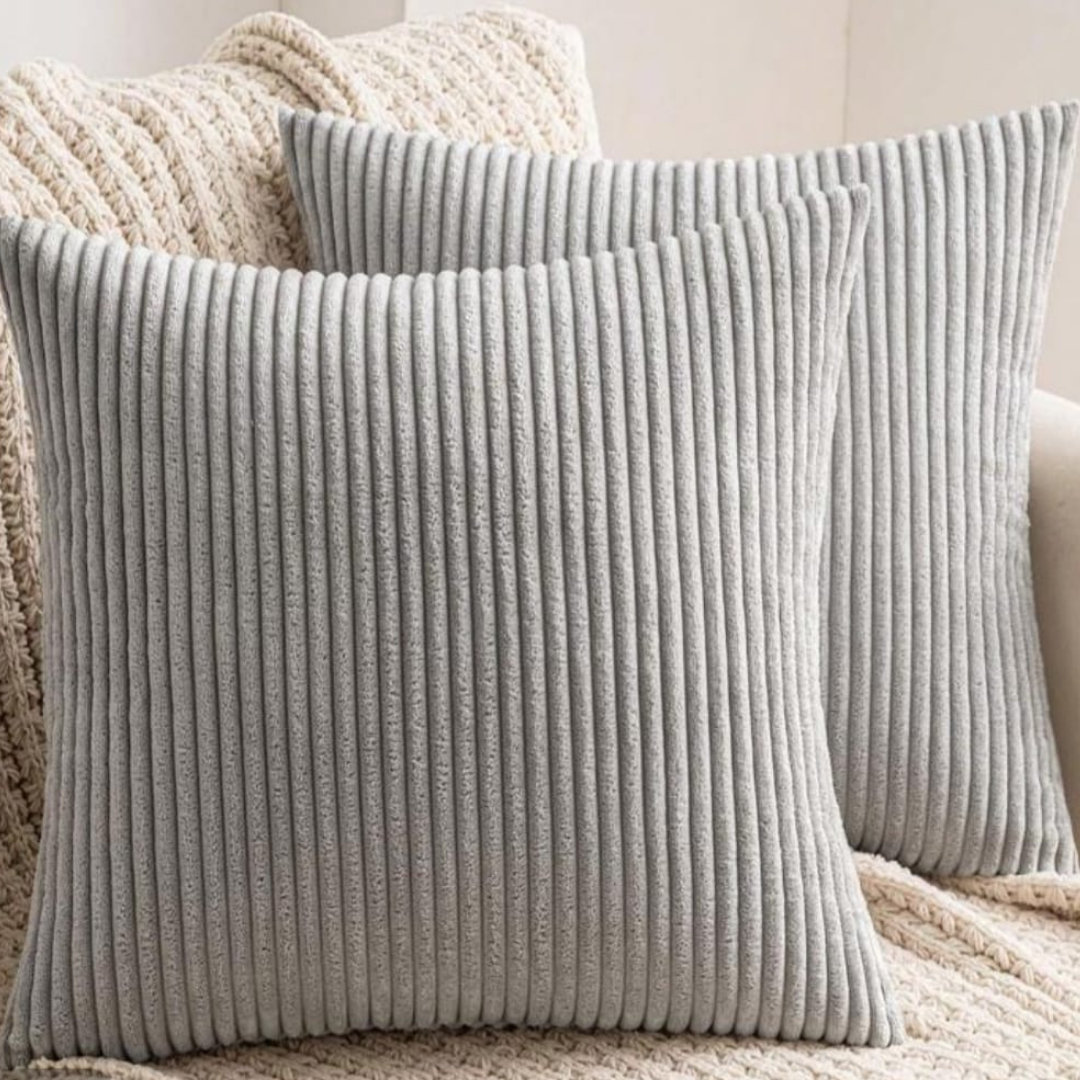 Premium Light Gray Ribbed Velvet Cushion Covers by Alezam for Sofa and Bedroom Decor
