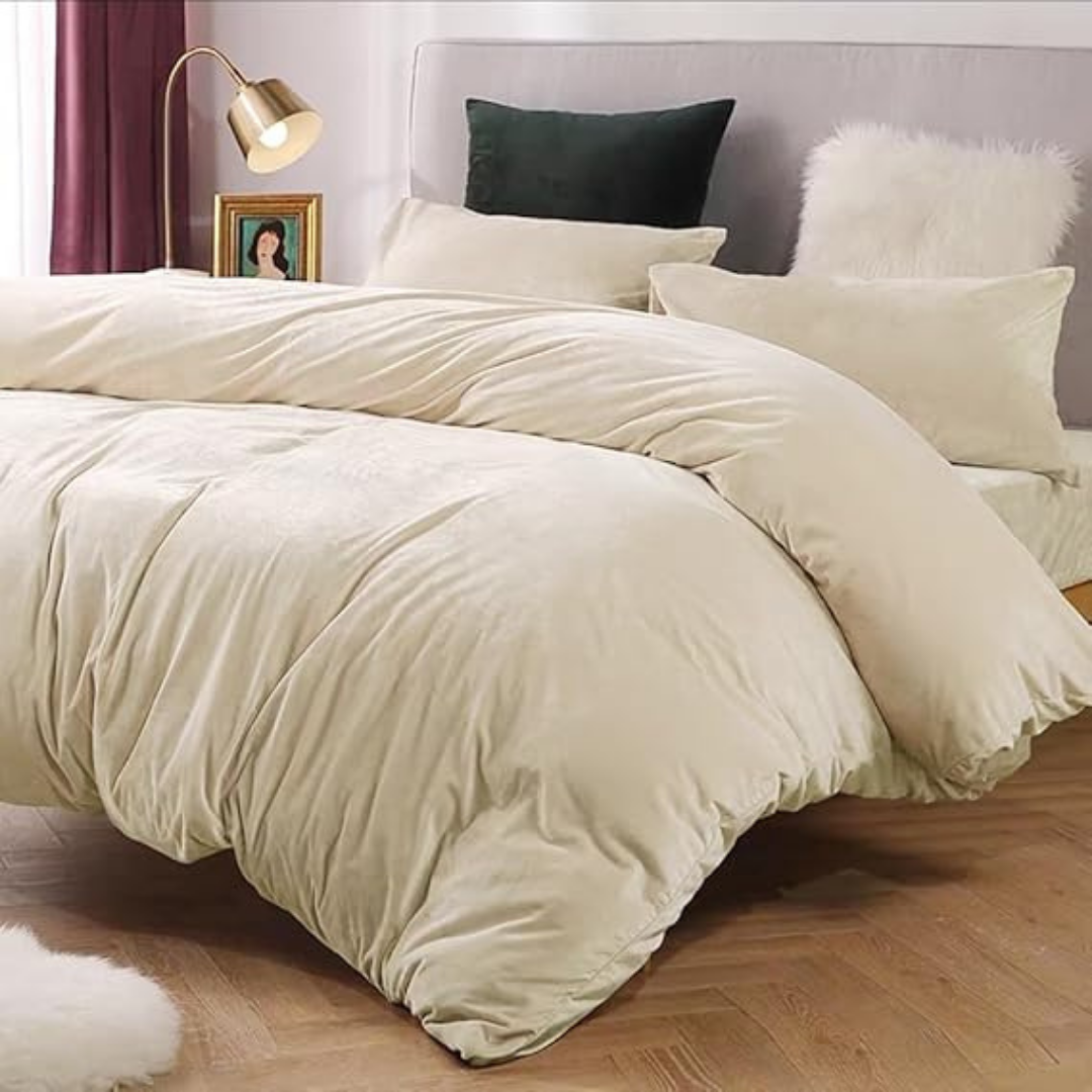 Velvet King Size Bedding Set – Super Soft & Warm 6-Piece Set Beige