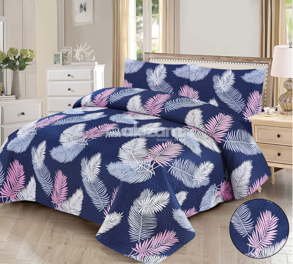 3 Pc Quilted Bedsheet Set Navy Blue Leaves