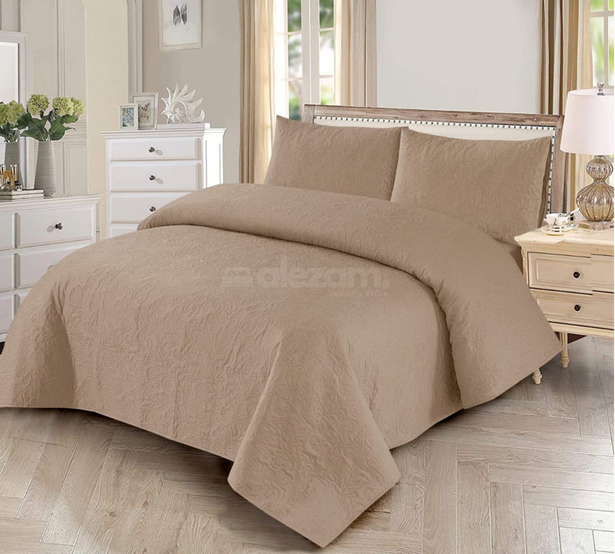 3 Piece Light Beige Quilted King Size Bedsheet Set by Alezam