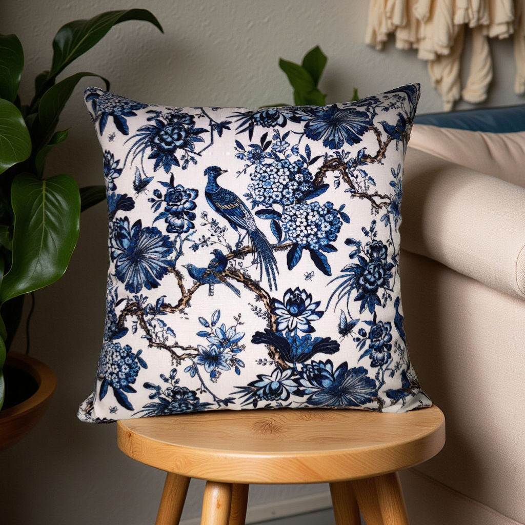 Digital Print Cushion Cover 16x16 Inches Blue Bird Floral Design