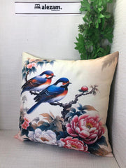 Tropical Bird and Flowers Digital Print Cushion Cover - 16x16 Inches