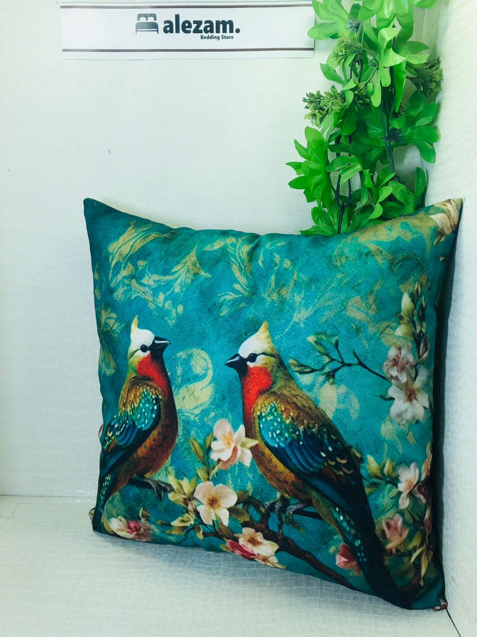 Artistic Bird and Blooms Digital Print Cushion Cover - 16x16 Inches