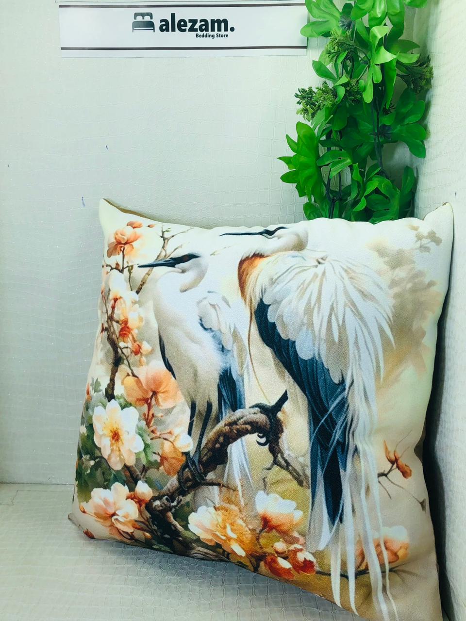 Sparrow in Spring Garden Digital Print Cushion Cover - 16x16 Inches