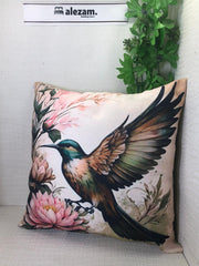 Charming Floral Sparrow Digital Print Cushion Cover - 16x16 Inches