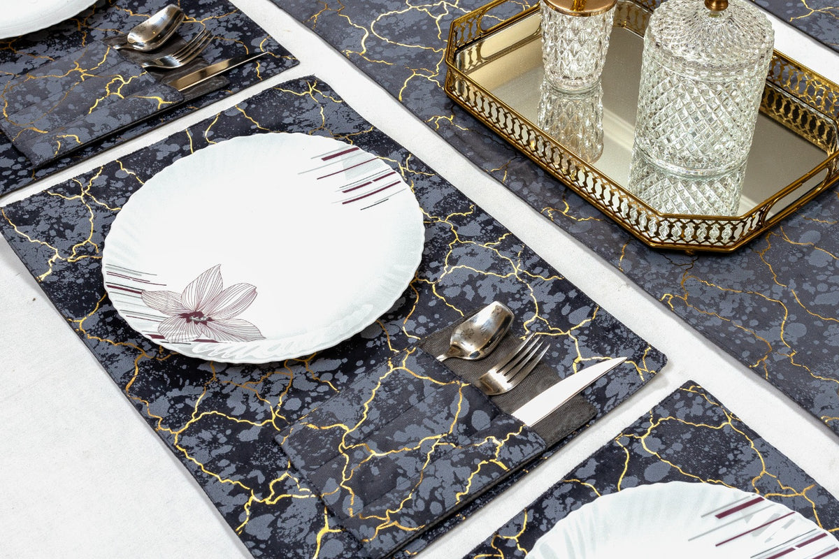 Modern Gray Velvet 7 Pcs Table Runner Set with Cutlery Pockets by Alezam