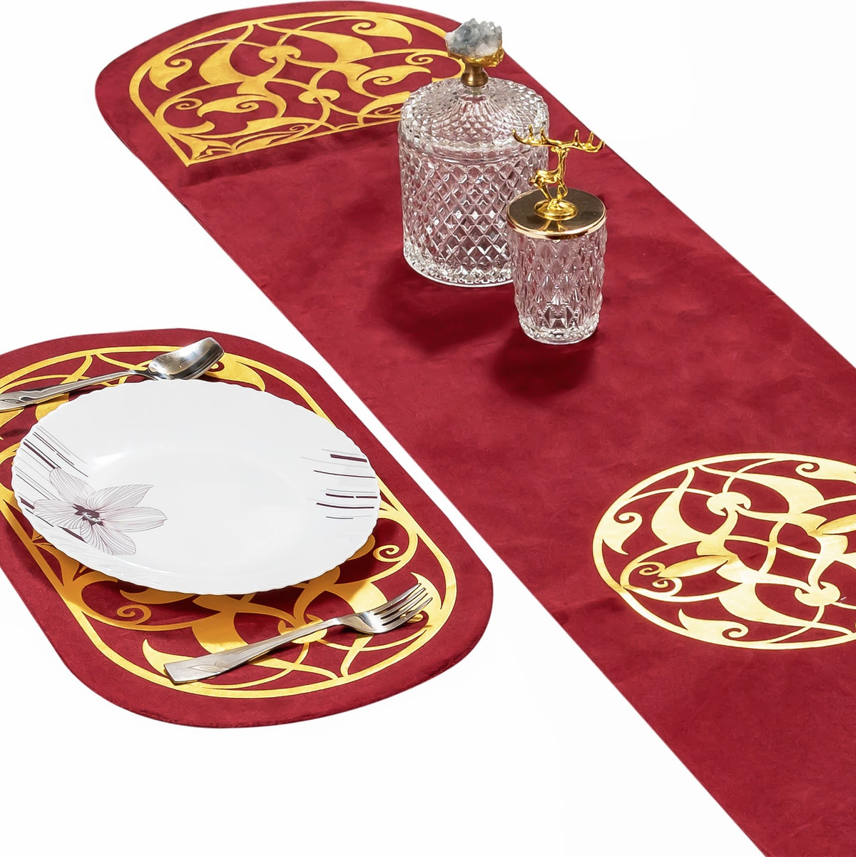 Luxury Maroon Velvet Dining Table Runner and Mat Set 7 Pieces by Alezam