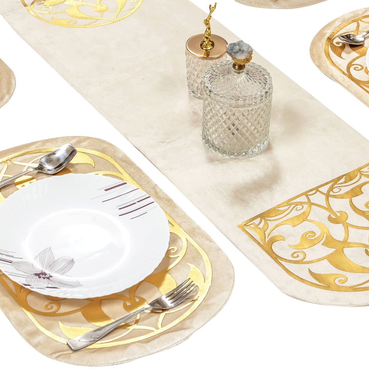 Luxury Skin Offwhite Velvet Table Runner and Dining Mat Set 7 Pieces by Alezam