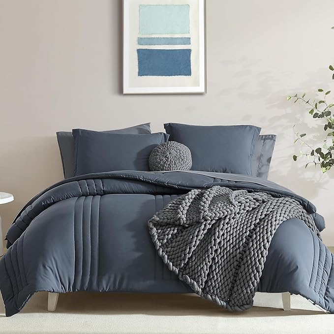 Super Microfiber Full Size Comforter Set - 6 Piece Blue Gray Bedding Set