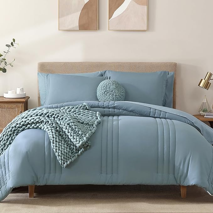 Super Microfiber Full Size Comforter Set - 6 Piece Dusty Blue Bedding Set