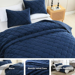 Luxury Velvet King Size 3-Piece Quilted Navy Blue Comforter Set