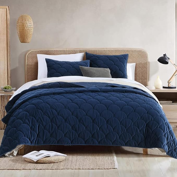 Luxury Velvet King Size 3-Piece Quilted Navy Blue Comforter Set