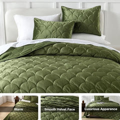 Luxury Velvet King Size 3-Piece Quilted Olive Green Comforter Set