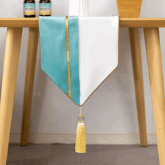 Premium Velvet Table Runner Sky Blue & White – Soft, Stylish & Durable