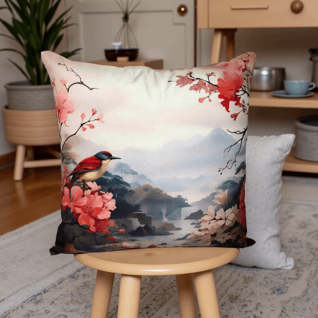 Sparrow and Floral Design Cushion Cover 16x16 Inches Digital Printed