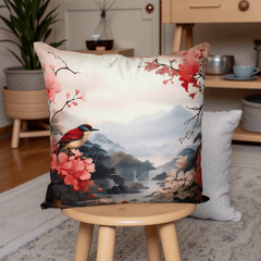 Sparrow and Floral Design Cushion Cover 16x16 Inches Digital Printed